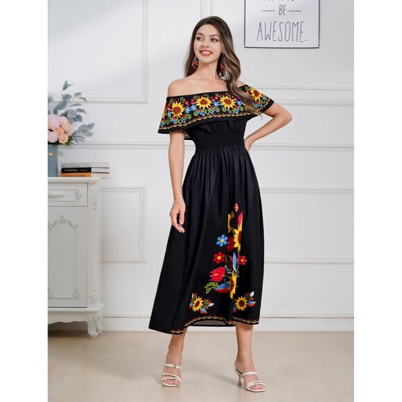 Off Shoulder Mexican Dress Floral Sunflower Fiesta Maxi Casual for Women - Picture 2 of 6